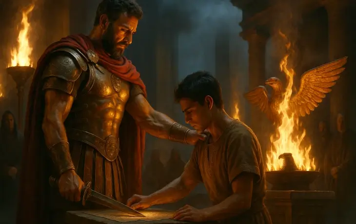 Genç Hannibal’ın kutsal ateşler eşliğinde babasına Roma’ya karşı mücadele yemini ettiği dramatik tören sahnesi.